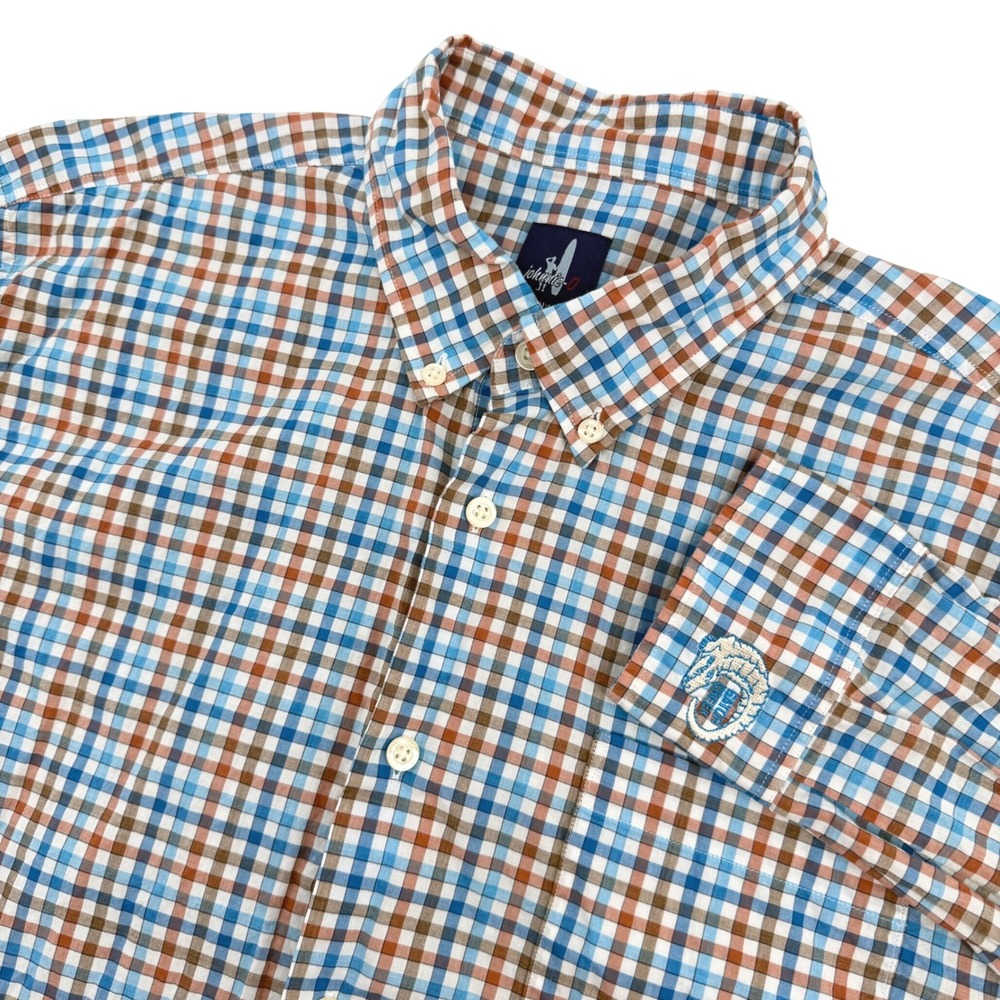 Johnnie-O Shirt Mens L Blue Marlin Plaid Cotton Long Sleeve Golf Logo on Cuff